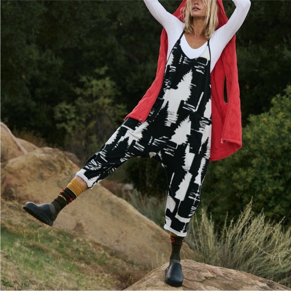 NWT Free People MOVEMENT Hot Shot Printed Onesie / Winter Forest Black NEW